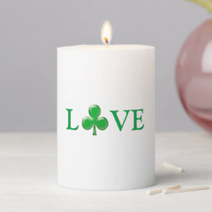 Love green Irish Shamrock typography St. Patrick's Pillar Candle