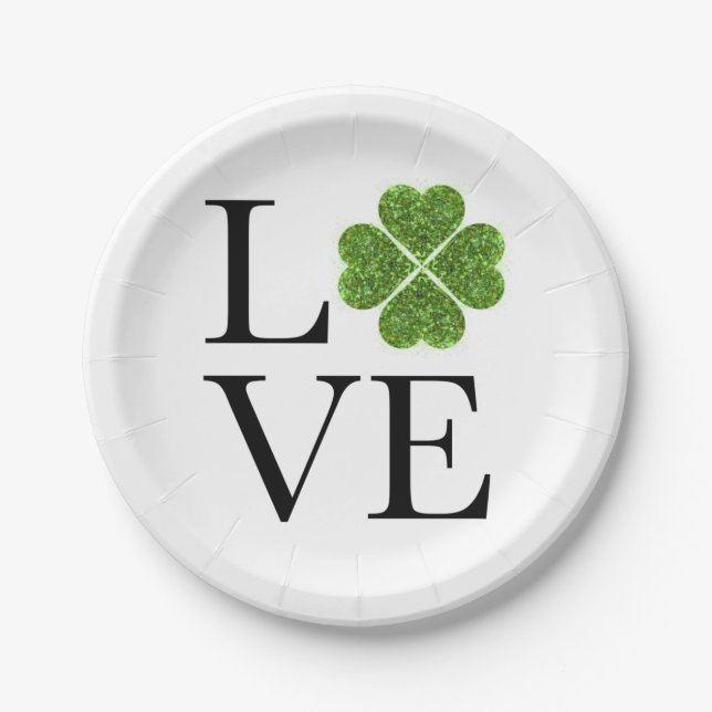 LOVE green sparking clover shamrock st patrick day Paper Plates (Front)