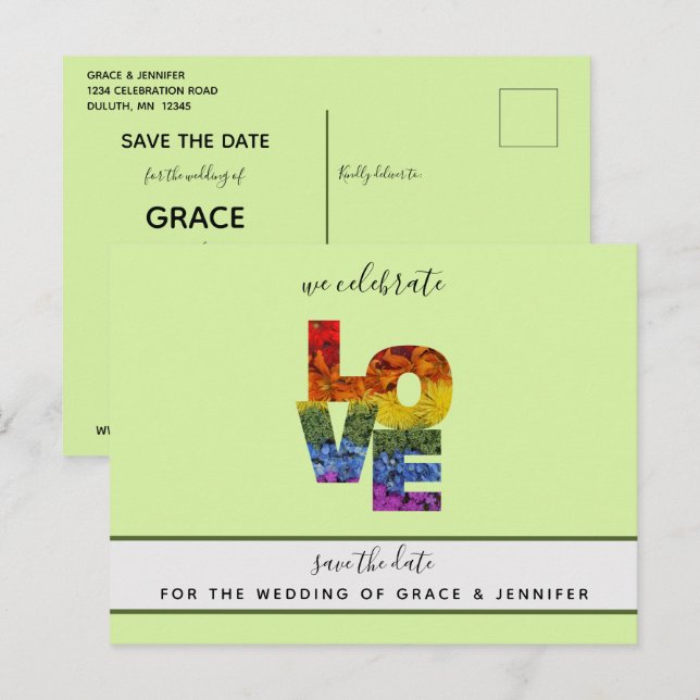 LOVE Green Themed Same-Sex Wedding Save the Date  Postcard (Front/Back)