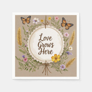 Love grows boho, wildflowers, wheat, butterflies napkins