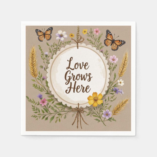 Love grows boho, wildflowers, wheat, butterflies napkins (Front)