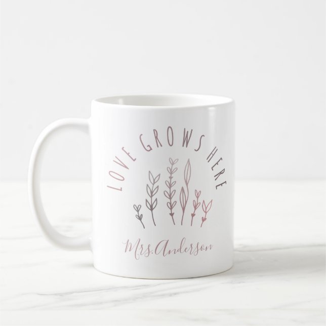 Love Grows Here Garden with Name Coffee Mug (Left)