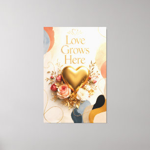 Love Grows Here Gold Heart Floral Canvas Wall Art