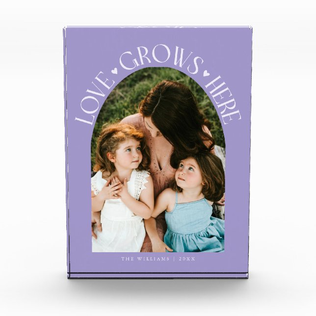 Love Grows Here Modern Arch Lilac Photo Block (Front)