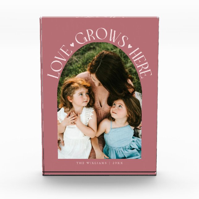 Love Grows Here Modern Arch Pink Photo Block (Front)