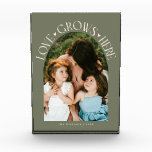 Love Grows Here Modern Arch Sage Green Photo Block<br><div class="desc">Modern and minimal family memory photo block featuring a photo in a arch frame with a text that says "Love Grows Here" with tiny hearts. Sage green.</div>