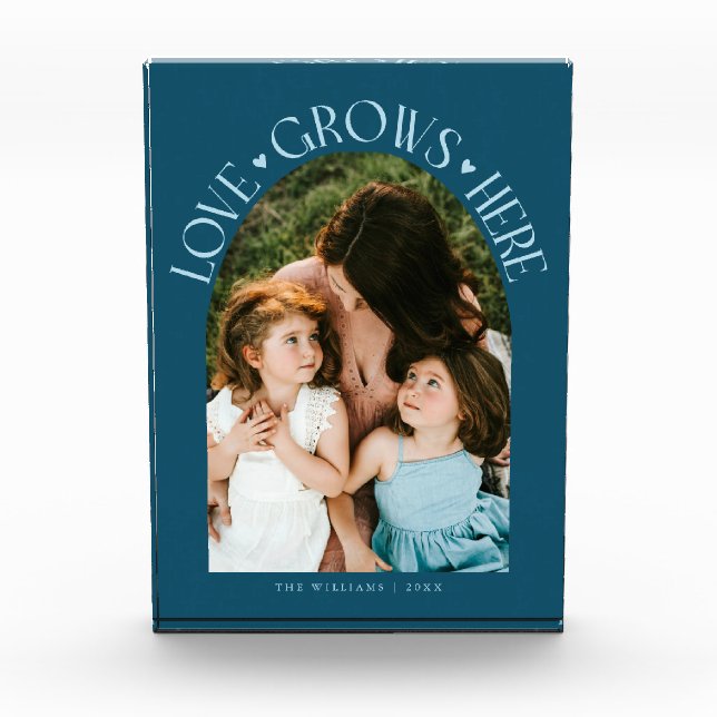 Love Grows Here Modern Arch Teal Photo Block (Front)