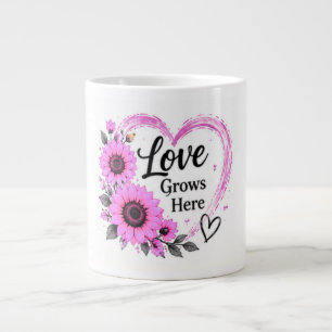 Love Grows Here Pink Sunflower Floral Heart Giant Coffee Mug