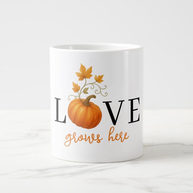 LOVE Grows Here | Pumpkin Lettering Autumn Giant Coffee Mug (Front)