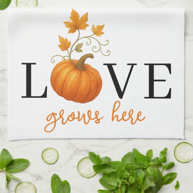 LOVE Grows Here | Pumpkin Lettering Autumn  Kitchen Towel (Folded)