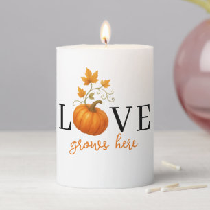 LOVE Grows Here Pumpkin Lettering Autumn Pillar Candle