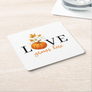 LOVE Grows Here Pumpkin Lettering Autumn Square Paper Coaster