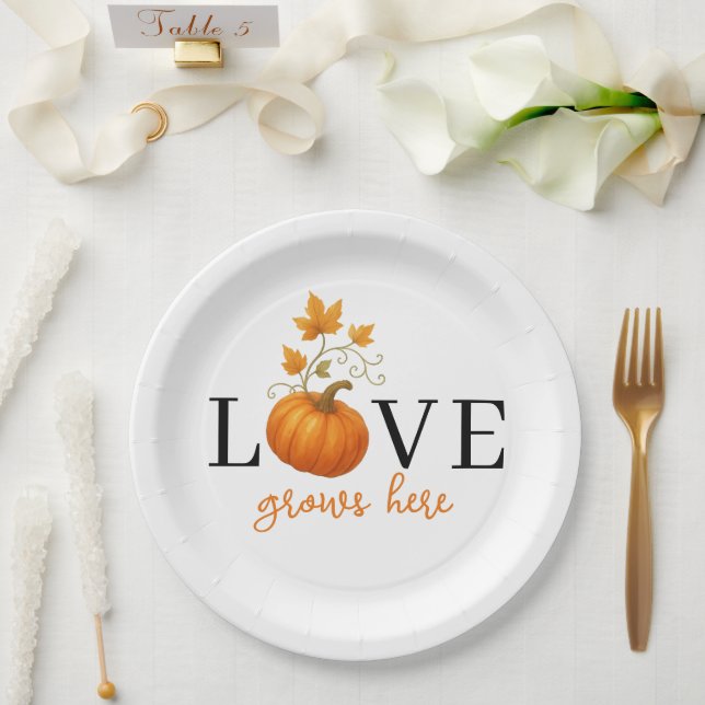 LOVE Grows Here | Pumpkin Lettering Fall  Paper Plates (Wedding)
