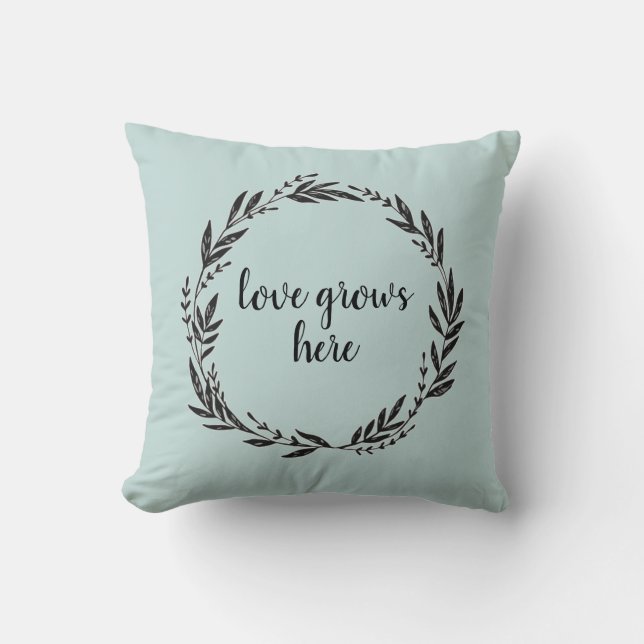 Love Grows Here Wreath Farmhouse Throw Pillow (Front)