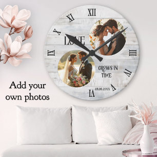 Love Grows in Time Rustic White Wood Wedding Photo Round Clock