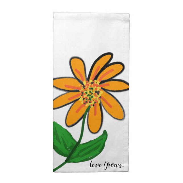 Love Grows Orange Flower Green Leaves Cloth Napkin (Half Fold)