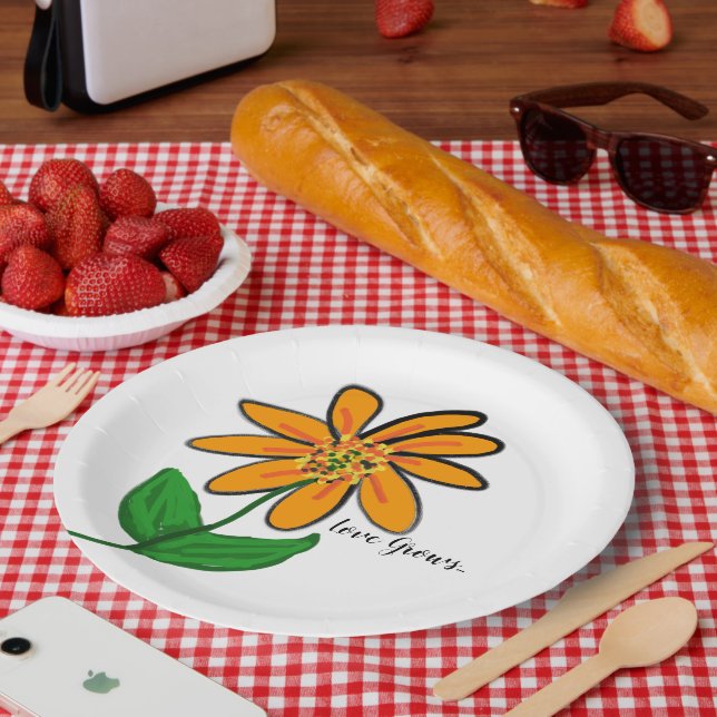 Love Grows Orange Yellow Floral Paper Plates (Picnic)