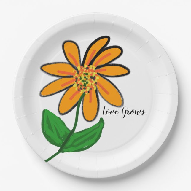 Love Grows Orange Yellow Floral Paper Plates (Front)