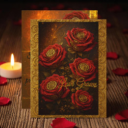Love Grows Romantic Red Rose Gold Gears Holiday Card