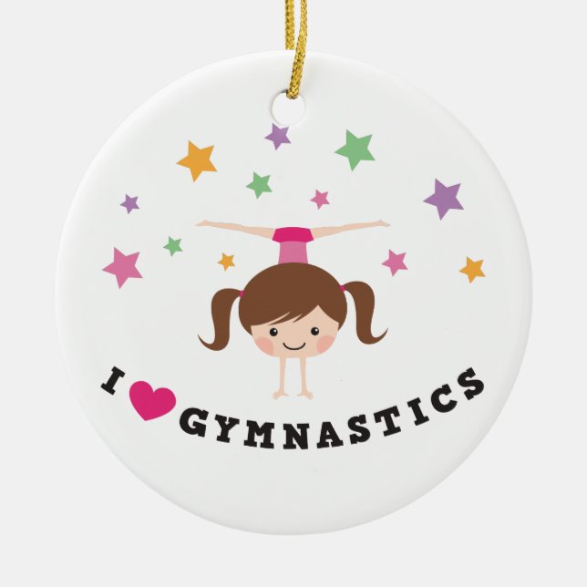 Love gymnastics cartoon girl brown hair handstand ceramic ornament (Front)