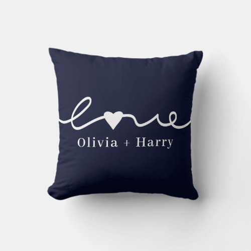 Love Hand Drawn Modern Minimalist Navy Blue White Throw Pillow