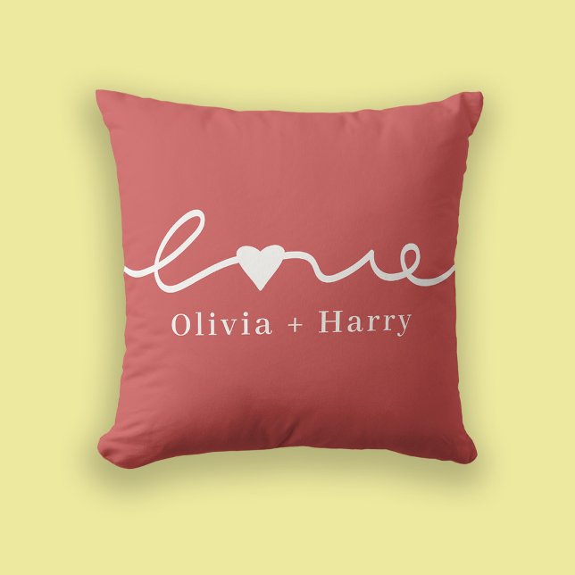 Love Hand Drawn Modern Minimalist Red White Throw Pillow (Stylishly Personalize with Your Custom Names.)