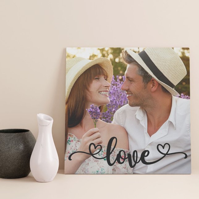 Love Hand Lettering Overlay Custom Photo Square Faux Canvas Print (Creator Uploaded)
