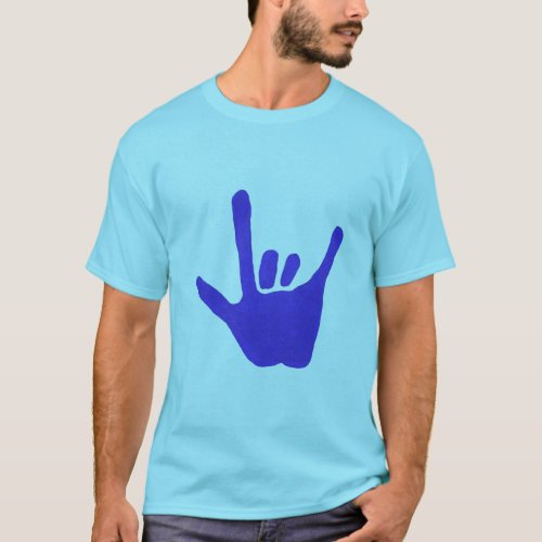Love hand sign language in blue tshirt