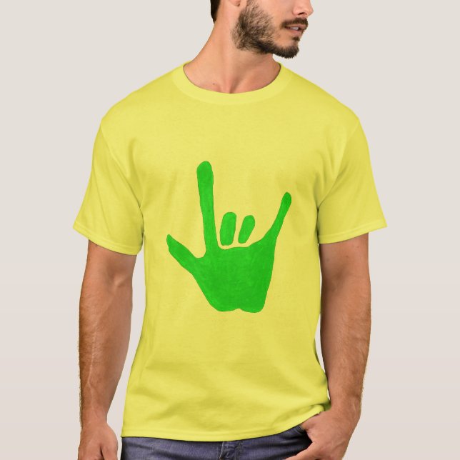 Love hand, sign language in green, on Tee (Front)
