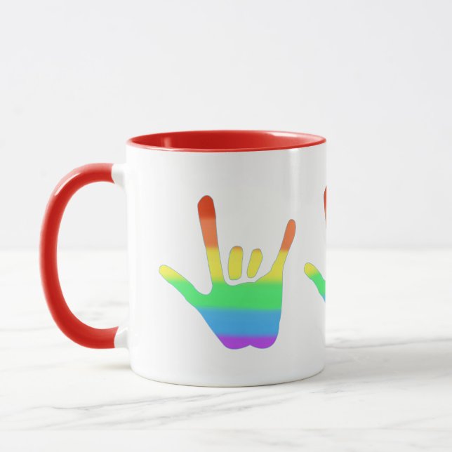 Love Hand Sign Language in Rainbow Color Blends Mug (Left)