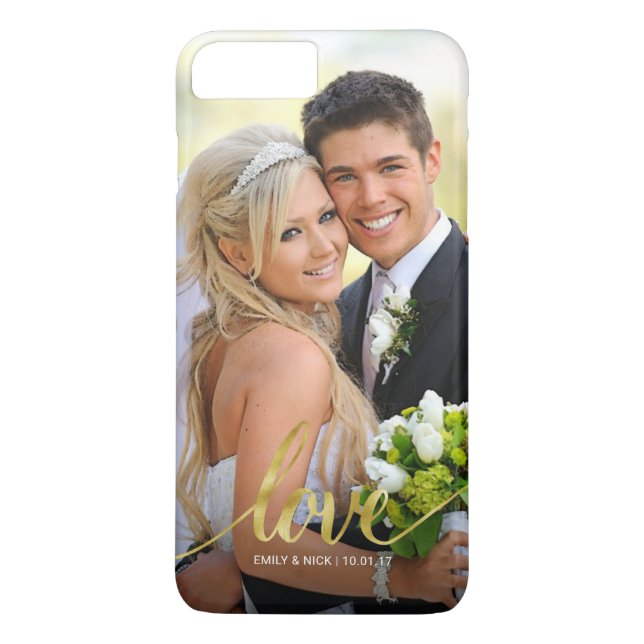 Love Handwritten Gold Script Couples Photo Overlay Case-Mate iPhone Case (Back)