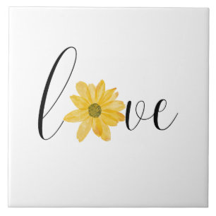 Love Handwritten with Yellow Flower Minimalist  Ceramic Tile