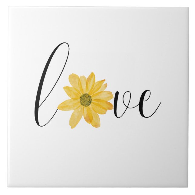 Love Handwritten with Yellow Flower Minimalist  Ceramic Tile (Front)