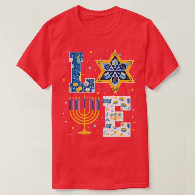 LOVE Hanukkah Decorations Dreidel Menorah Pajamas  T-Shirt (Design Front)