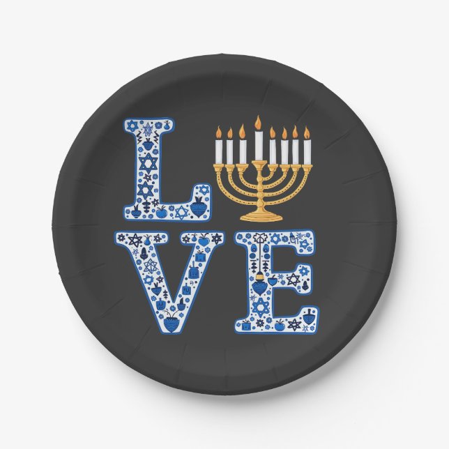 Love Hanukkah Jewish Holiday Menorah  Paper Plates (Front)