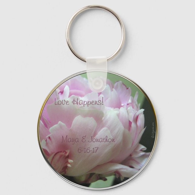 Love Happens Pink Peony Wedding Favor Keychain (Front)