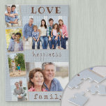 Love Happiness Family Blue Photo Strip Collage Jigsaw Puzzle<br><div class="desc">Custom Photo Puzzle with 6 of your own photos. The photo collage features 2 landscape pictures plus 4 portrait photos, set out photo strip style. The design has lovely wording, especially as a gift for family, which reads .. love happiness family .. in trendy typewriter style and quirky typography. The...</div>