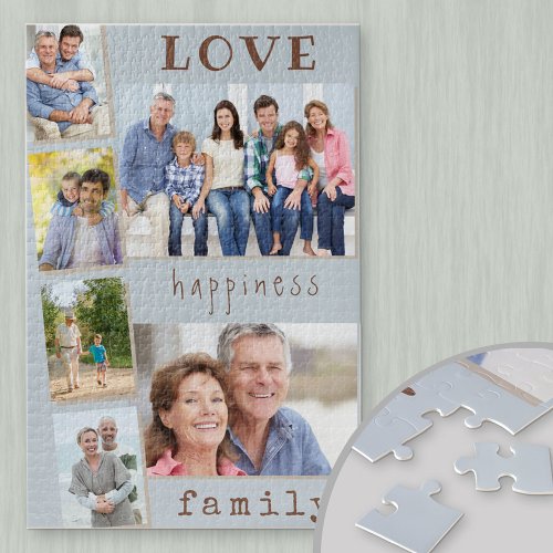Love Happiness Family Blue Photo Strip Collage Jigsaw Puzzle