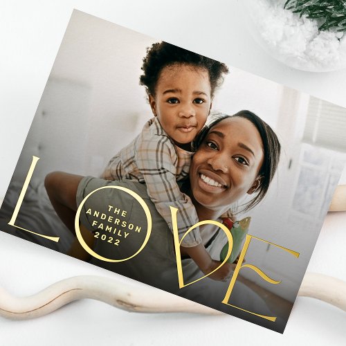 LOVE happy holidays text photo merry christmas Foil Holiday Postcard