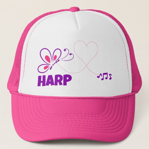 Love Harp Pink Purple Butterfly Heart Music Notes Trucker Hat