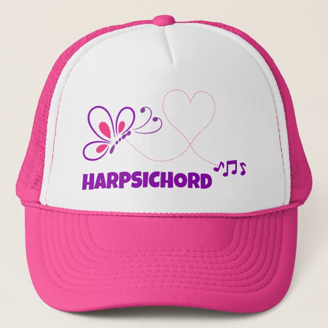 Love Harpsichord Pink Purple Butterfly Heart Trucker Hat (Front)