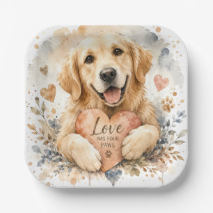 Love Has Four Paws Golden Retriever Watercolor Dog Paper Plates