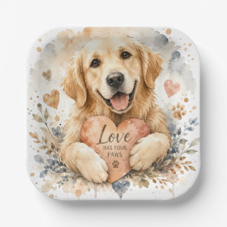 Love Has Four Paws Golden Retriever Watercolor Dog Paper Plates