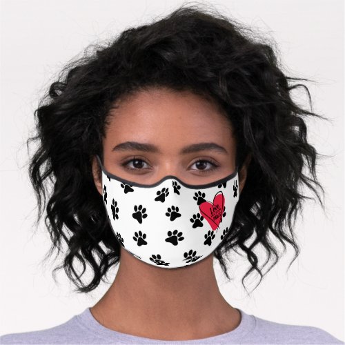 Love has Four Paws quote Red Heart Black Paw Print Premium Face Mask