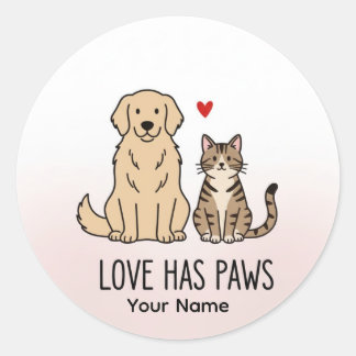 Love Has Paws | Cute Minimalist Dog and Cat Illust Classic Round Sticker
