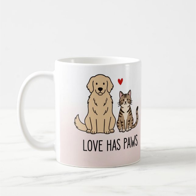 Love Has Paws | Cute Minimalist Dog and Cat Illust Coffee Mug (Left)
