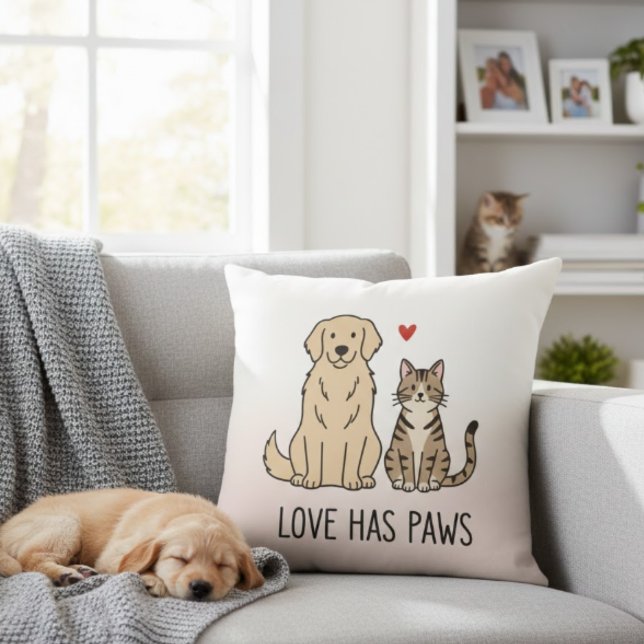 Love Has Paws | Cute Minimalist Dog and Cat Illust Throw Pillow (Creator Uploaded)