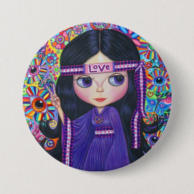 Love Headband Hippie Girl Doll Purple Psychedelic Button (Front)