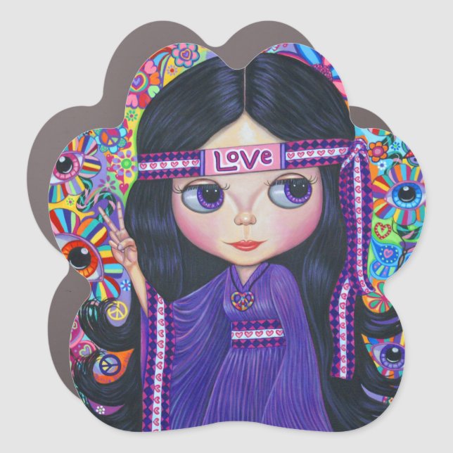 Love Headband Hippie Girl Doll Purple Psychedelic Car Magnet (Front)