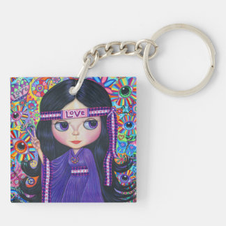 Love Headband Hippie Girl Doll Purple Psychedelic Keychain